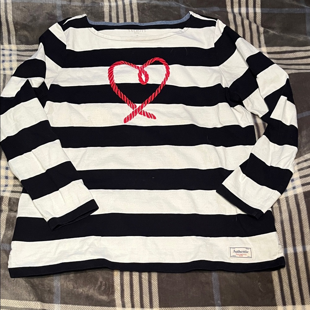 Talbots navy and white stripped shirt with red heart. Like new condition